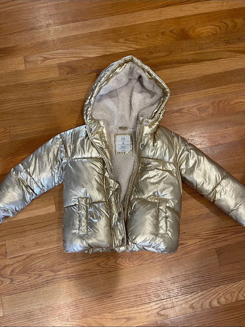 GAP Metallic Gold Kids Puffer Jacket with Sherpa Hood
